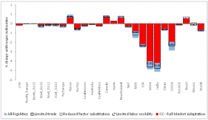 Climate change impacts on regional GDP with market rigidities 